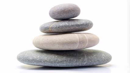 A small stack of smooth grey pebbles arranged symmetrically on a white background.  