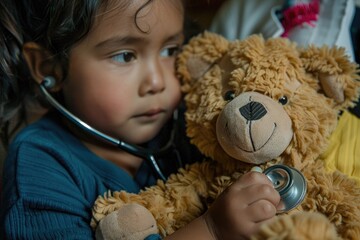 child playing doctor with a stethoscope and a teddy bear, showing focus and care in the activity