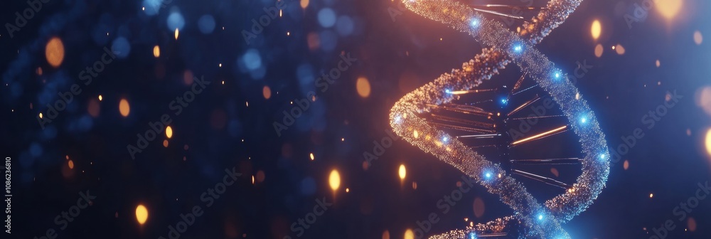 Poster a vibrant dna helix shimmers with blue and orange lights, illustrating the complexity of genetic str