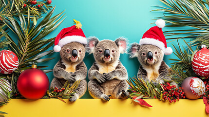Cute koalas celebrate a beach-themed Australian Christmas with festive ornaments and holiday cheer