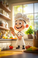 Smiling Cartoon Chef Holding Wooden Spoon Kitchen