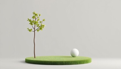 Minimalist Spring Scene Green Grass Young Tree White Sphere