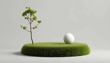 Serene Minimalist Scene Green Grass Tree White Sphere