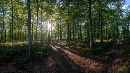 Obraz premium Sunlit forest path splits into two trails.