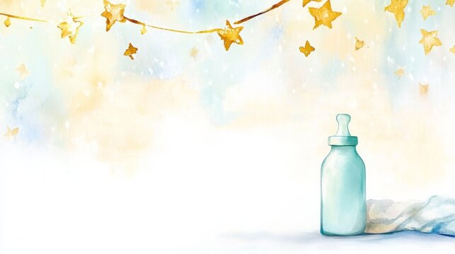 Soft watercolor illustration of baby bottle with nipple and garland on top. The bottle is pastel blue with a hint of milk inside.the background is a soft pastel yellow with delicate stars and clouds