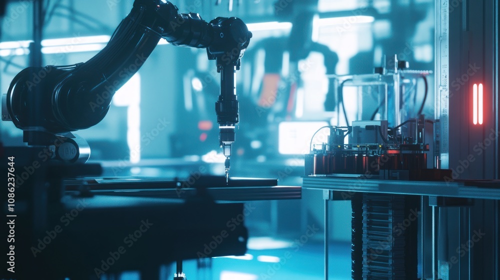 Poster industrial robot arm in a factory setting