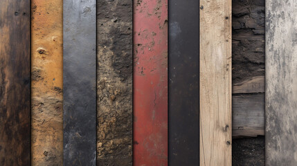 Vertical planks with diverse textures and colors including wood and weathered materials.