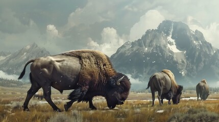 Bison grazing the North American plains their massive forms and thick fur embodying the rugged beauty of the wild west