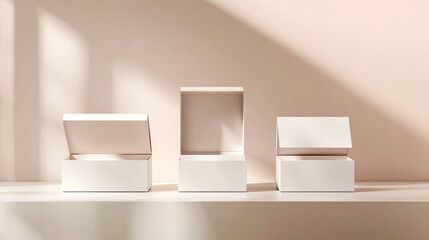 Elegant mockup of three white open boxes displayed on a soft beige shelf with natural lighting