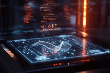 A detailed view of a digital display showcasing a three-dimensional DNA model, with data insights illuminated in a tech-filled lab. Generative AI