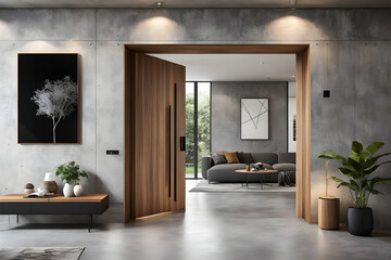 Modern home front door nestled in an interior with neat minimalist design