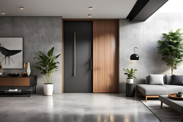 Modern home front door nestled in an interior with neat minimalist design
