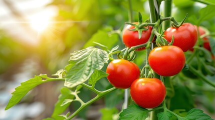 Fresh red tomatoes thrive in a lush greenhouse, showcasing the beauty of horticulture and the art of vegetable cultivation.