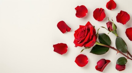 A stunning red rose with vibrant petals rests on a clean white background, perfect for expressing love on Valentines Day.