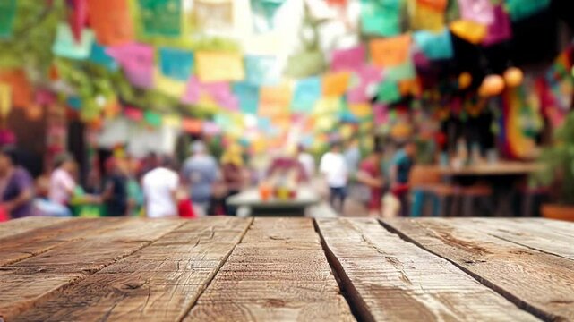Empty wooden table to place advertising products, as a fair or Mexican market background with papel picado decorations.