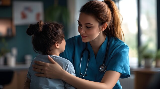 5. A pediatrician comforting a young child in a doctor is office