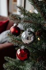 Three vibrant ornaments dangle from a lush Christmas tree, radiating festive cheer in a cozy living room adorned with holiday spirit.
