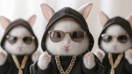 Cool bunnies in hoodies and sunglasses with chains celebrate urban vibes