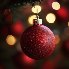 Fototapeta premium A vibrant red ornament glistens on a lush green Christmas tree, embodying festive cheer and holiday spirit in a cozy, wintry atmosphere.