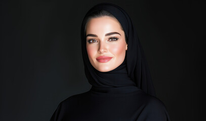 Elegant woman in black hijab smiling against dark background