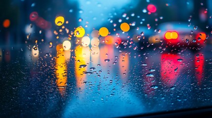 Obraz premium Raindrops on a Car Windshield with Soft Focus, Abstract Rainy Day Mood
