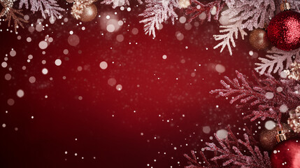 Winter Wonderland Background: A festive red backdrop adorned with frosted pine branches, shimmering ornaments, and a gentle snowfall, perfect for holiday greetings and seasonal designs.  