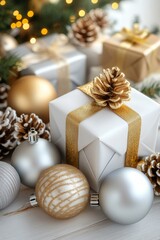 A festive table adorned with vibrant Christmas decorations, twinkling lights and a beautifully wrapped gift, exuding a warm holiday spirit.