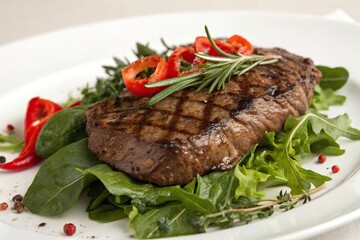A juicy beef steak served on a bed of fresh greens, bed of greens, delicious, appetizing, tasty