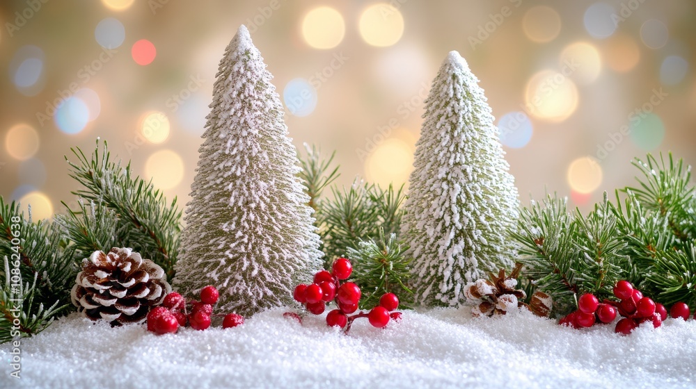 Poster Three vibrant small trees adorned with clusters of red berries and pine cones, creating a charming, festive atmosphere in a lush green setting.