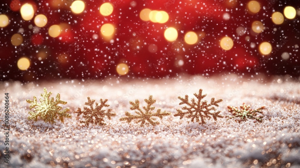 Poster three delicate snowflakes rest on a vivid red surface, showcasing intricate patterns that contrast b