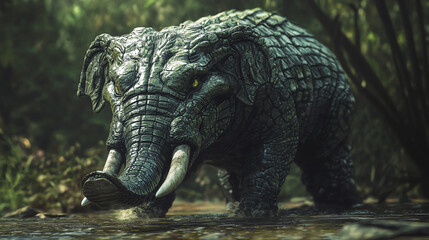 Fototapeta premium A unique creature with the body of an elephant and the head of a crocodile in a lush forest at twilight