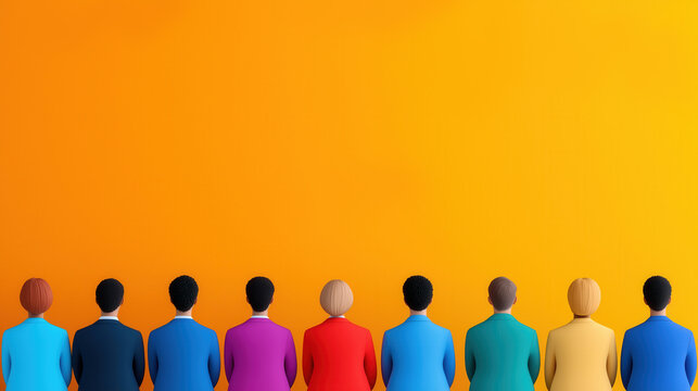 Diverse group of professionals standing in vibrant colored suits facing orange background
