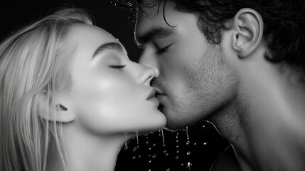 Fototapeta premium Romantic black and white close-up kiss with water droplets