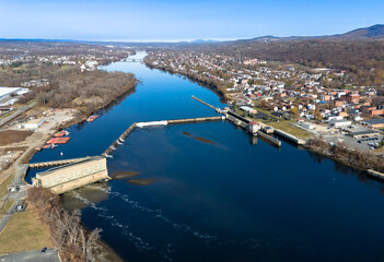 Aerial view of the Federal Dam on the Hudson River at Troy, NY. First lock on the way to the Great Lakes, north from New York City