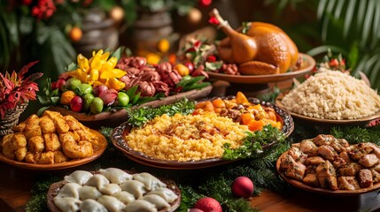 A Rustic Christmas Feast with Roasted Turkey, Dumplings, and Other Delicacies