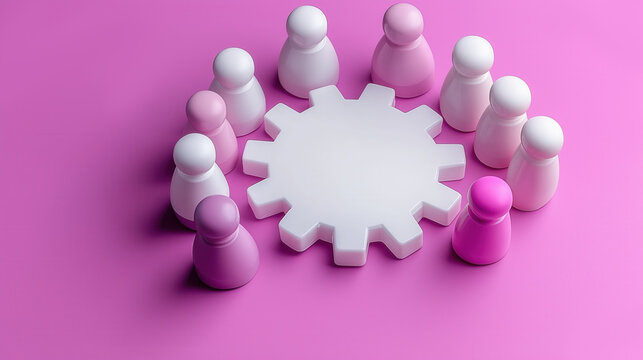 Collaboration concept with pink and white figures encircling a gear on pink surface