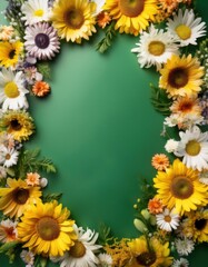 Fototapeta premium Wreath of sunflowers and other flowers on a green surface, frame , space for text