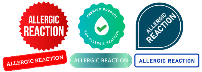 Allergic reaction product non-allergen safe safety guarantee approved composition information stamp colorful badges sign emblem sticker banner label button design icon set collection