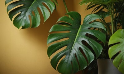 serene indoor space featuring lush monstera plants with copy space