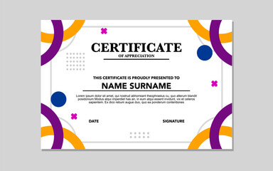 It depicts a certificate template with purple orange and blue design elements.