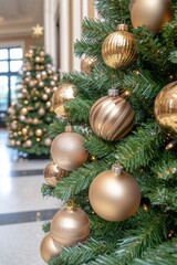 A beautifully adorned Christmas tree in a vibrant lobby, sparkling with colorful ornaments and twinkling lights, creating a festive and inviting atmosphere.