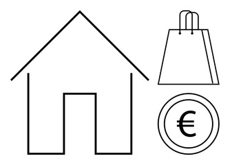 Home outline, shopping bag, and Euro coin as main elements. Ideal for themes thumbs up real estate, home buying, financial planning, economic analysis, consumer behavior retail and investment. Line