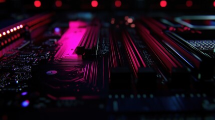 Obraz premium Close Up of a Computer Motherboard with Neon Pink Lights
