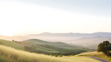 Fototapeta premium Serene Sunrise Over Rolling Green Hills and Valley
