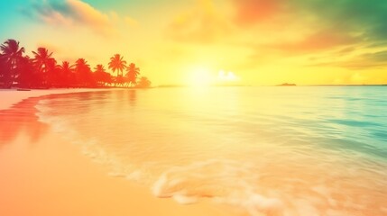 Fototapeta premium Tropical Beach Sunset Palm Trees Ocean Shore