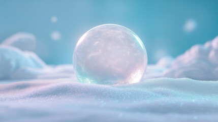 Enchanting winter wonderland with magic snow globe on sparkling snowy landscape