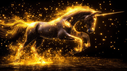 Majestic golden unicorn galloping amidst magical sparkling lights