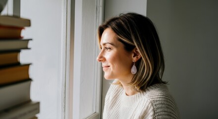 Caucasian woman near window smiling, wearing white sweater, short hair