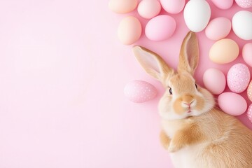 Cute bunny among colorful pastel easter eggs on pink background