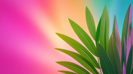 Vibrant tropical leaves against gradient rainbow background